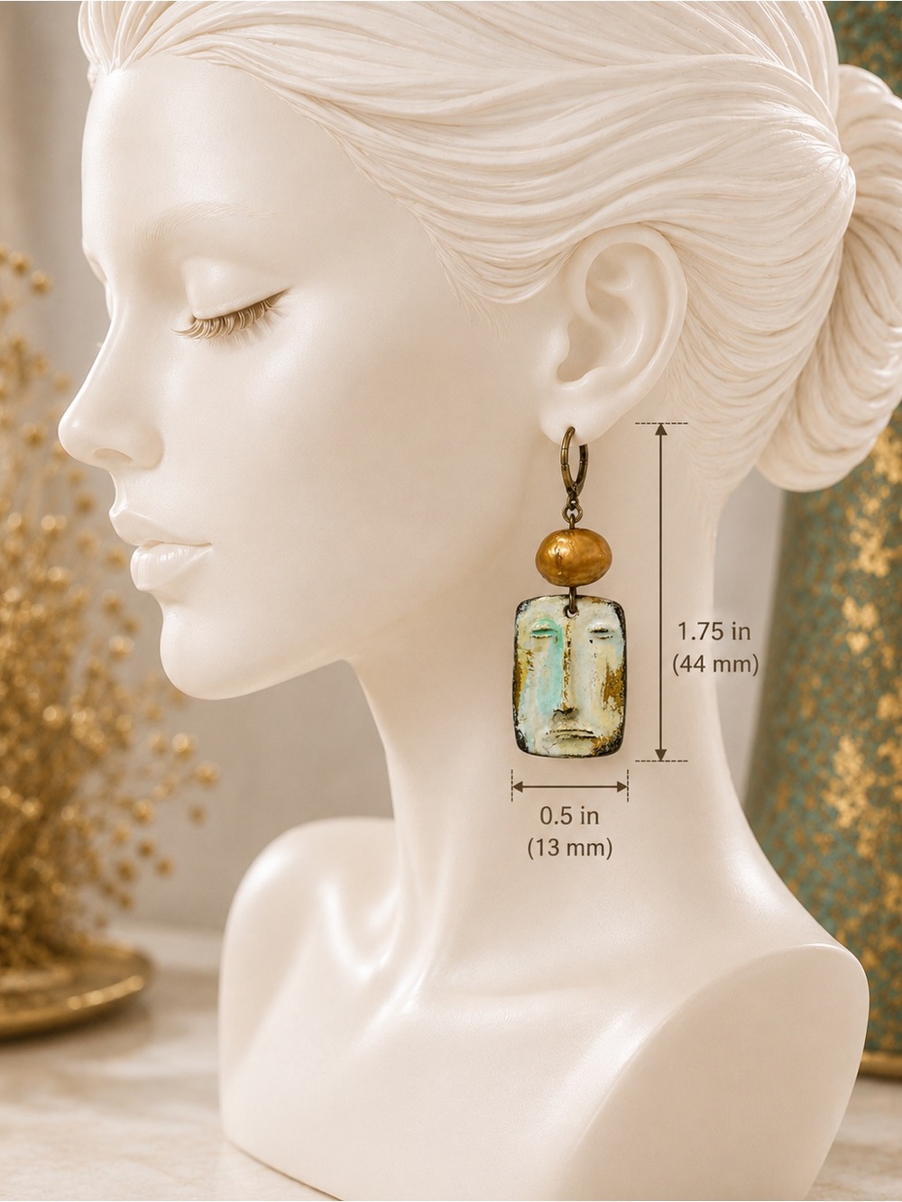 Artisan Face Earrings Freshwater Pearl Bronze Dangles Handmade Statement Jewelry - Picture 4 of 10